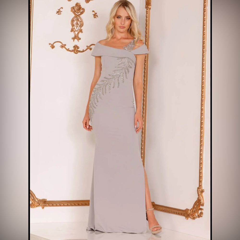 Terani Couture gray Off-Shoulder Dress